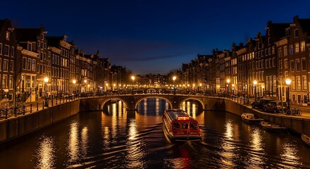 Obraz premium Night View of a City Canal with Illuminated Buildings and Bridge.