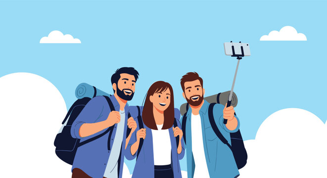 Three adventurous young backpackers take a joyful selfie using a selfie stick against a beautiful blue sky.