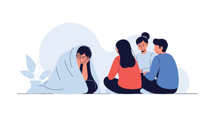 Fototapeta premium Caring friends comforting a sad depressed person covered in blanket sitting together on floor vector.