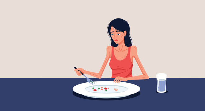 Young woman suffering from anorexia eating disorder staring sadly at an almost empty plate vector.