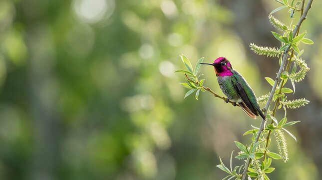 Colorful hummingbird perched on a leafy branch with bokeh background