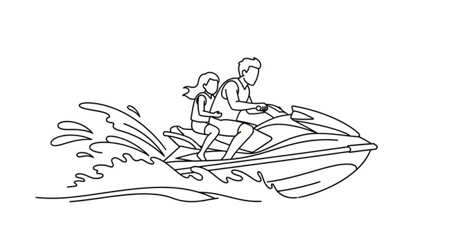 Man and woman riding a jet ski on waves.