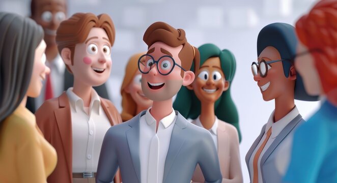 Cartoon professionals move through booths and exhibitions, portraying business trade fairs and marketing showcases. It highlights industry networking and promotional activities.