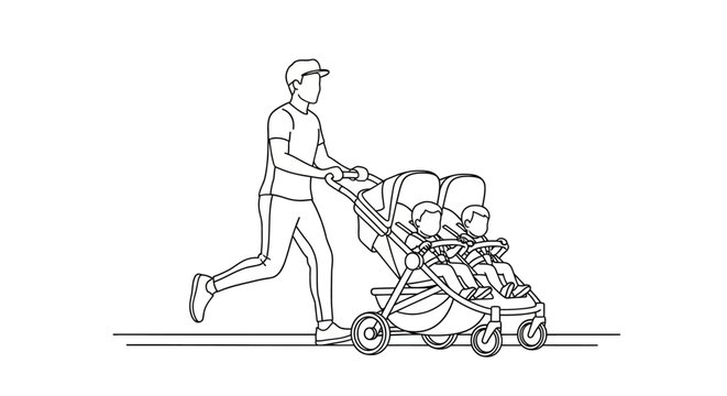 Man jogging while pushing a triple stroller with children.