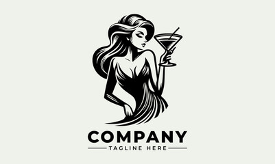 Fototapeta premium Elegant woman holding a martini glass logo design illustration.