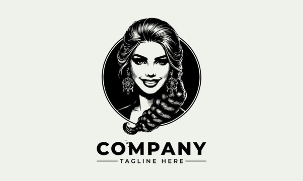 Elegant woman portrait logo design featuring a stylized braided hairstyle in a circular frame.