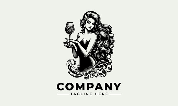 Elegant woman with long flowing hair holding a wine glass logo design.