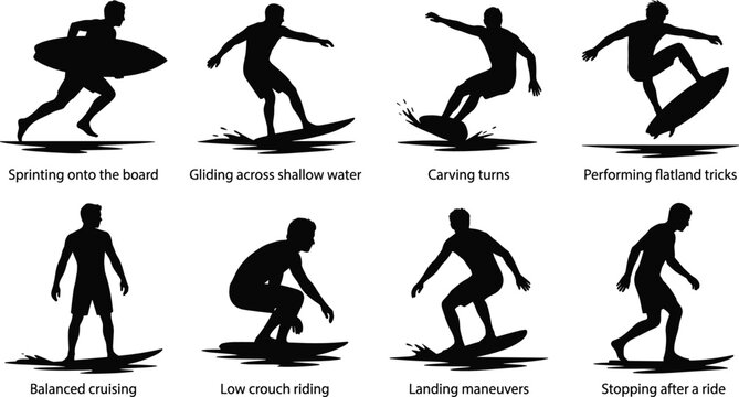 Skimboarding Silhouette Collection Featuring Dynamic Beach Riding Poses and Water Sports Action Set