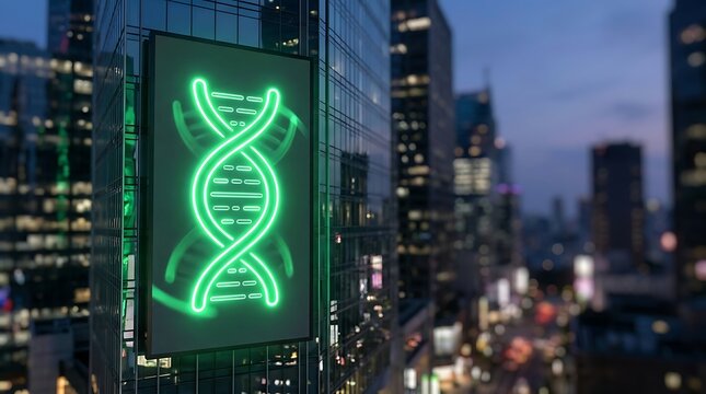 Neon dna helix display on urban skyscraper at night