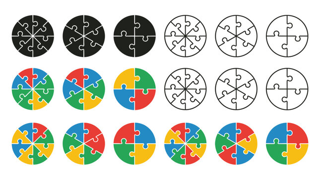 Colorful circular puzzle pieces arranged in rows for business presentations and strategic marketing design projects