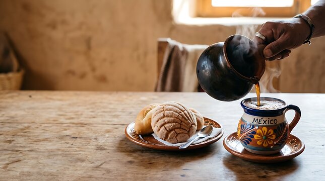 Hand pouring hot coffee into a mexican ceramic mug with sweet bread