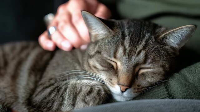 A serene tabby cat rests with eyes closed, basking in affection as a hand gently pets it. This intimate moment highlights comfort, trust, and the soothing connection between people and animals
