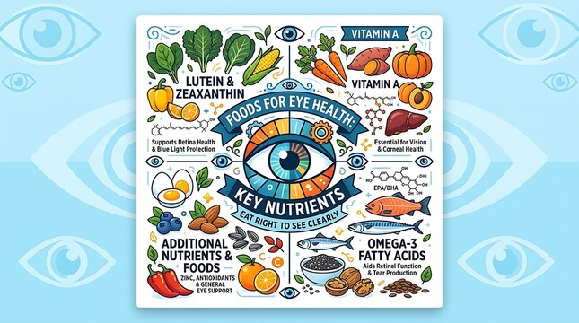 Infographic showing essential foods and nutrients for eye health