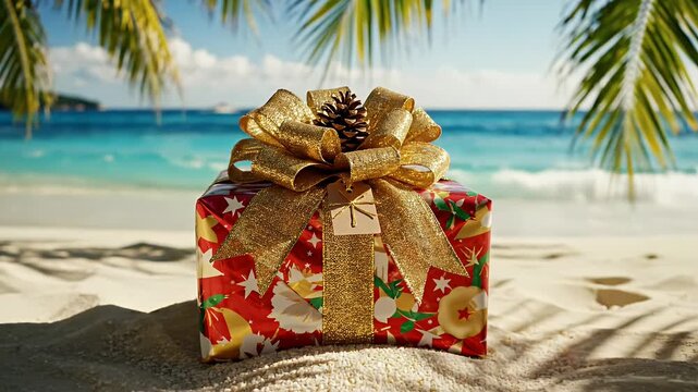 Gift Box on Tropical Beach with Palm Trees - A festive gift box sits on a sandy beach with palm fronds overhead and a turquoise ocean in the background.