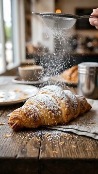 Freshly baked golden croissant on a rustic wooden table being dusted with powdered sugar from a sieve, cozy cafe atmosphere with a cup of coffee in the background