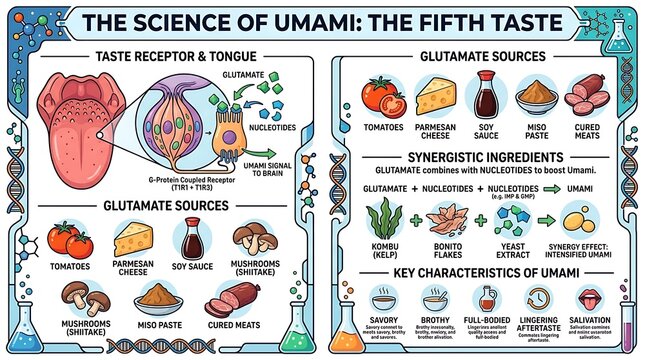 Science of umami infographic explaining the fifth taste and sources