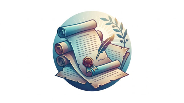Ancient scrolls and quill pen symbolizing knowledge and history.