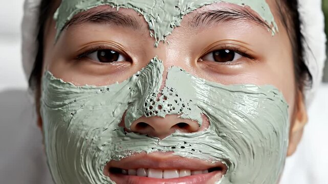 Close-up of a Person with a Green Mud Mask on Face - This extreme close-up showcases a person's face, partially covered by a textured green mud mask.