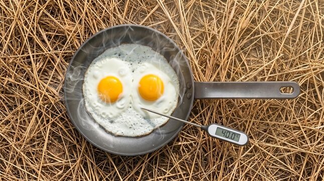 Top Down View of Frying Eggs in Pan on Dry Straw with Thermometer Showing 40&deg;C as Heatwave Metaphor
