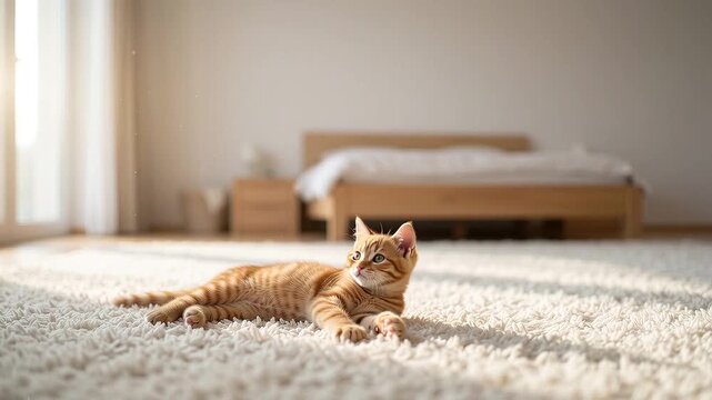 Cinematic slow motion of a cute orange tabby kitten lying on a white fluffy rug and playfully stretching its paws in a bright sunlit bedroom, with copy space