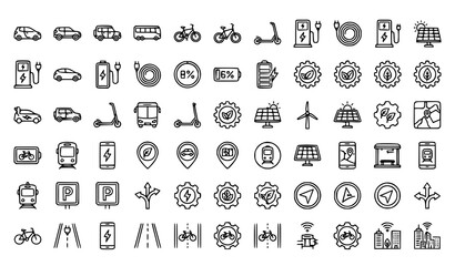 Fototapeta premium Professional Eco Transportation Vector Collection with Electric Vehicles Charging and Sustainable Mobility Icons
