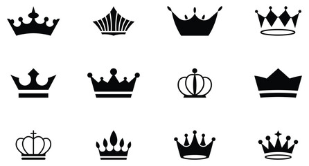 Collection of royal crown icons design. Set of black silhouette crowns, regal symbols, luxury royal tiara and more. Crown jewels symbol of emperor. Vector illustration. © Art Store
