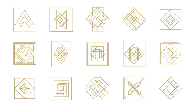 Geometric shape designs in golden outlines on white backgrounds