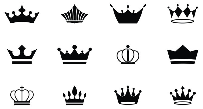 Collection of royal crown icons design. Set of black silhouette crowns, regal symbols, luxury royal tiara and more. Crown jewels symbol of emperor. Vector illustration.