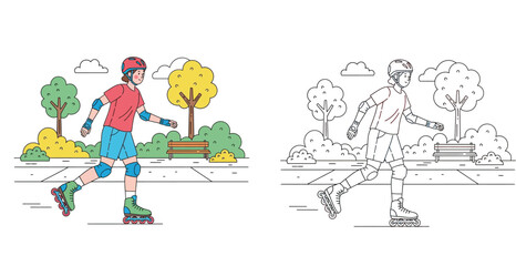 Naklejka premium Girl inline skating in the park vector illustration. Active female character rollerblading with safety gear. Includes colored and black and white outline version for coloring page.