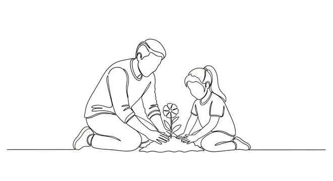 Man and child planting a small tree together outdoors.