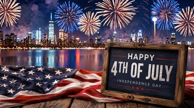 Happy 4th of July Independence Day Night Celebration with American Flag and Fireworks