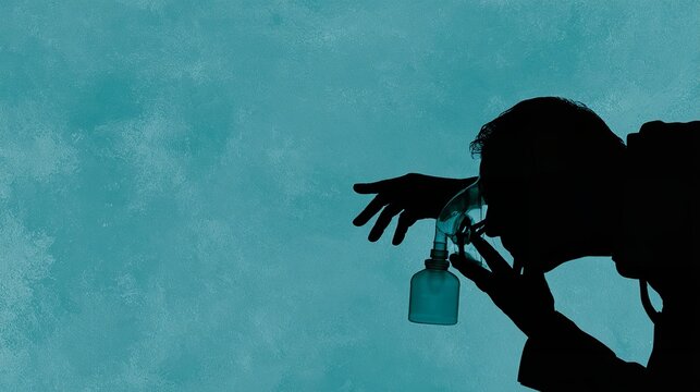 Silhouette of a person spraying something into their mouth.