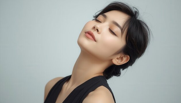 Serene Moment: A young woman with short black hair tilts her head back, eyes closed, in a moment of peaceful contemplation. Her serene expression evokes a sense of calm and mindfulness.