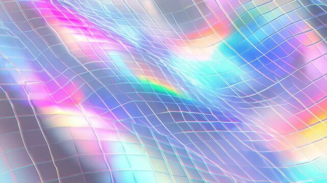 Colorful holographic waves flow across a grid, blending soft pastel hues with shimmering rainbow effects. This abstract digital art background is ideal for tech, design, and trendy visual concepts