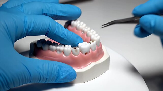 Dentist Demonstrating Tooth Extraction On Model - A close-up shot shows a dentist's hands in blue gloves using forceps to demonstrate the extraction of a tooth from a dental model.