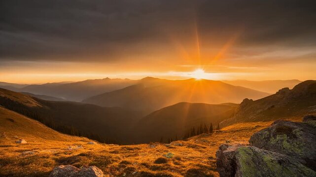 Breathtaking sunset over rolling hills and mountains with vibrant