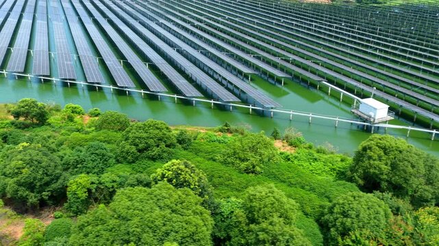 Aerial view of fishery-solar complementary floating photovoltaic power station in green countryside, new energy landscape