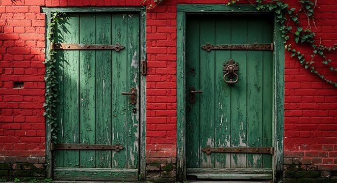 Vintage Green Wooden Doors with Red Brick Wall Background.