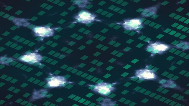 Abstract Digital Patterns Forming in Glowing Circles Across Geometric Grid