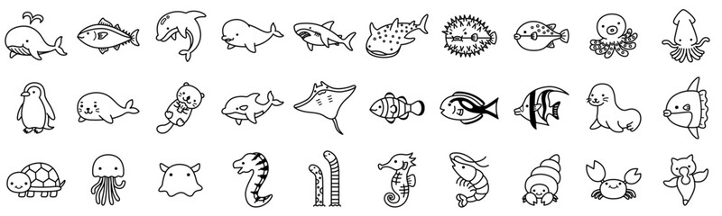 ポップでかわいい海の生き物のイラストアイコンセット（モノクロ） © nyaramero