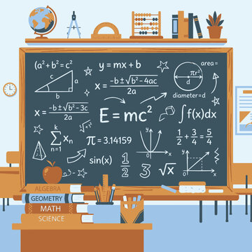 Blackboard filled with mathematical equations.