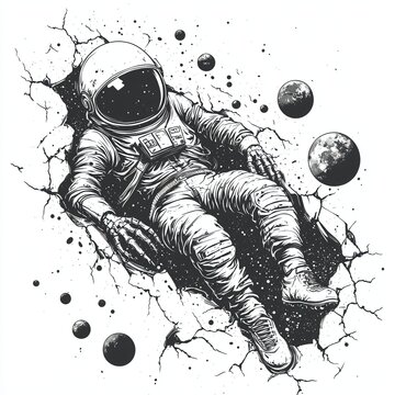 Astronaut Surrounded by Planets in Cracked Space Background Art