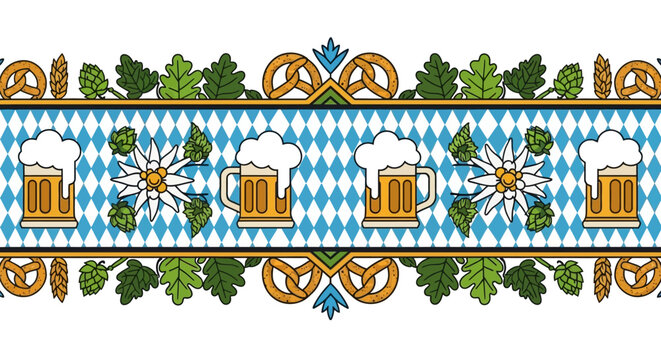 Oktoberfest seamless border with beer mugs and pretzels