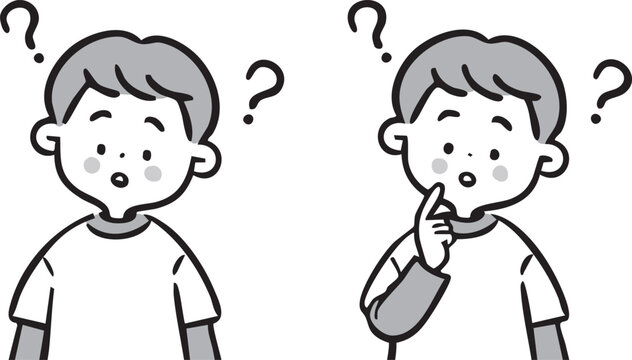疑問を感じる男の子のイラスト　上半身　ベクター（モノクロ）