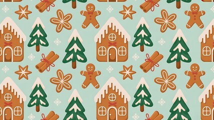 A charming seamless pattern featuring gingerbread houses gingerbread men pine trees and cinnamon sticks