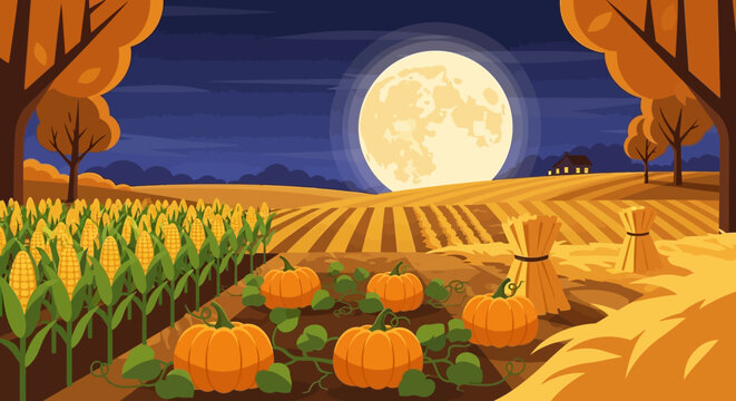 pumpkin patch at night with full moon
