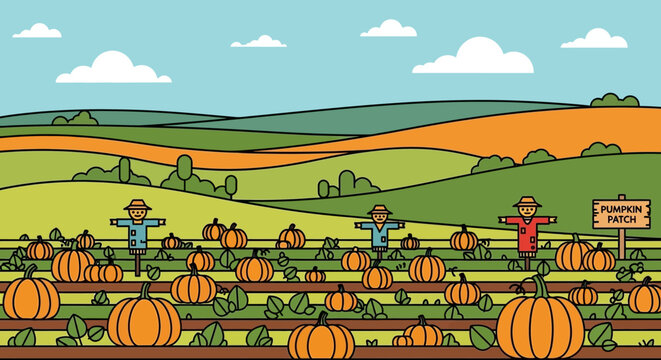 pumpkin patch with scarecrows