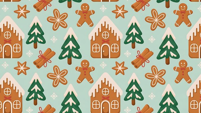 A charming seamless pattern featuring gingerbread houses gingerbread men pine trees and cinnamon sticks