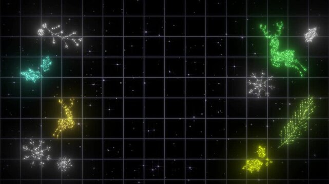 Grid pattern overlays a dark digital field decorated with glowing neon reindeer, snowflake silhouettes, and botanical ornaments, blending modern technology aesthetics with traditional festive imagery.