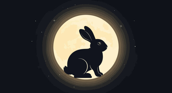 Silhouette of a Rabbit Against a Full Moon Background